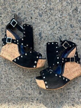 Luichiny Black Suede Studded Cork Wedges